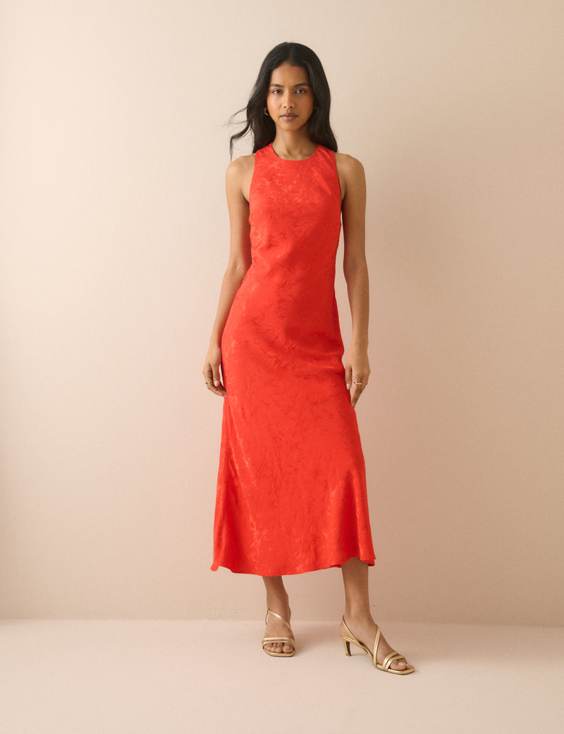 Red Jacquard Floral Miley Midi Dress