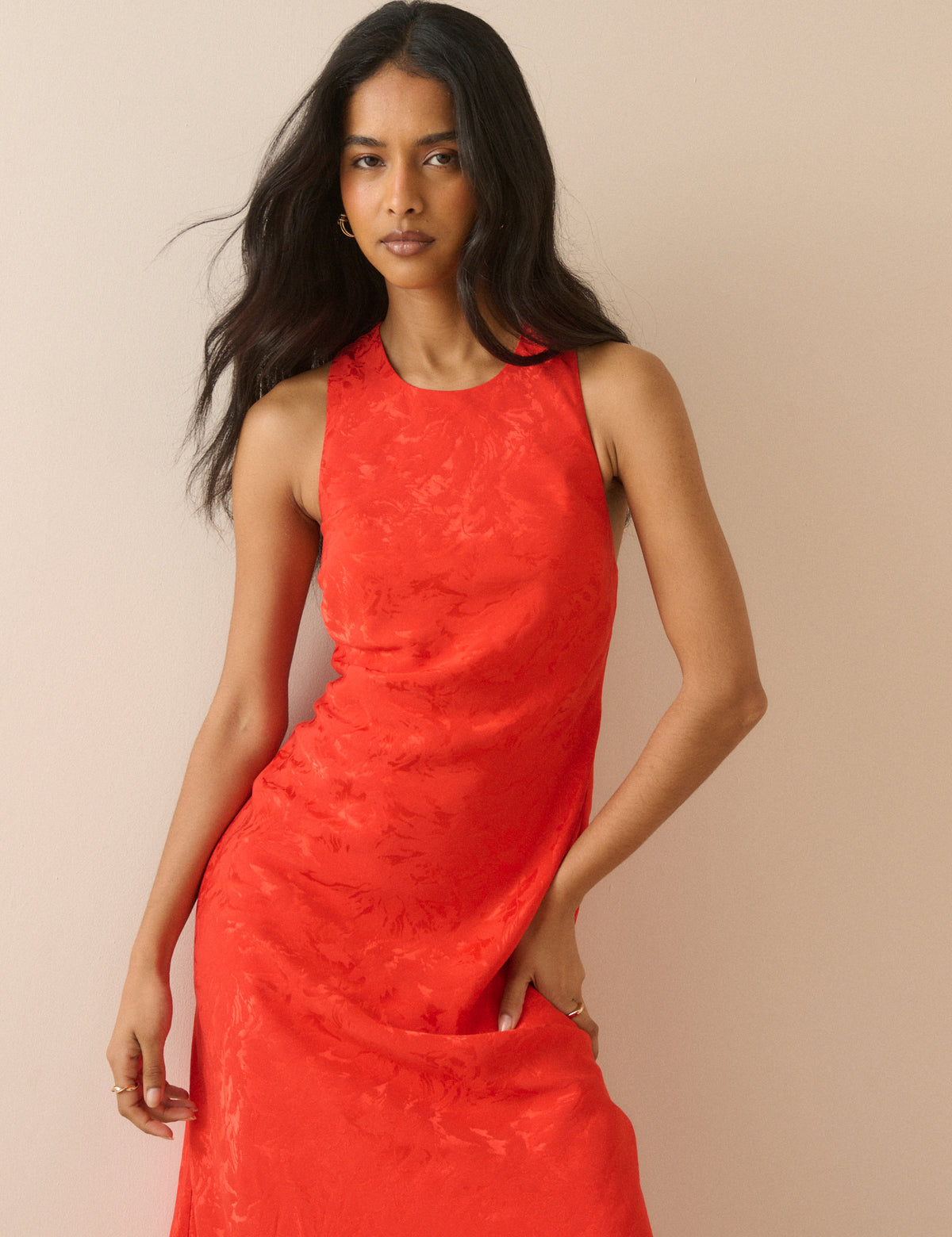 Red Jacquard Floral Miley Midi Dress