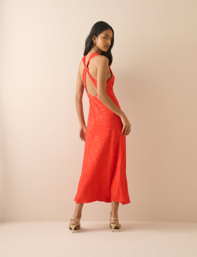 Red Jacquard Floral Miley Midi Dress