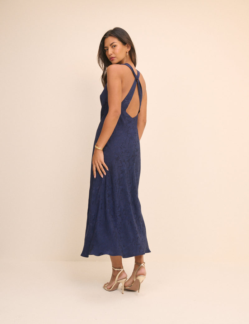 Navy Jacquard Floral Miley Midi Dress