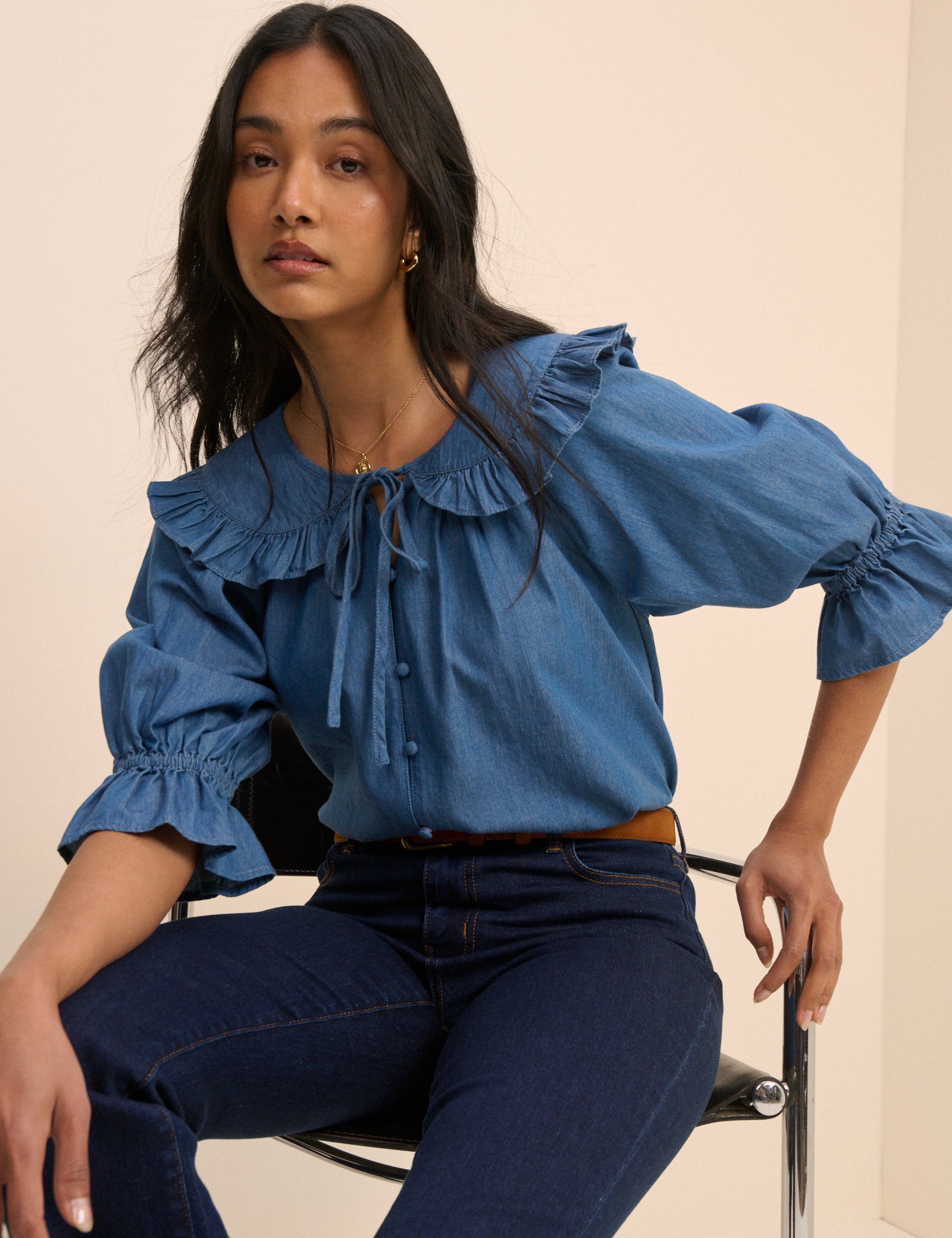 Mid Blue Denim Floral Short Sleeve Blouse