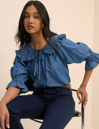 Mid Blue Denim Floral Short Sleeve Blouse