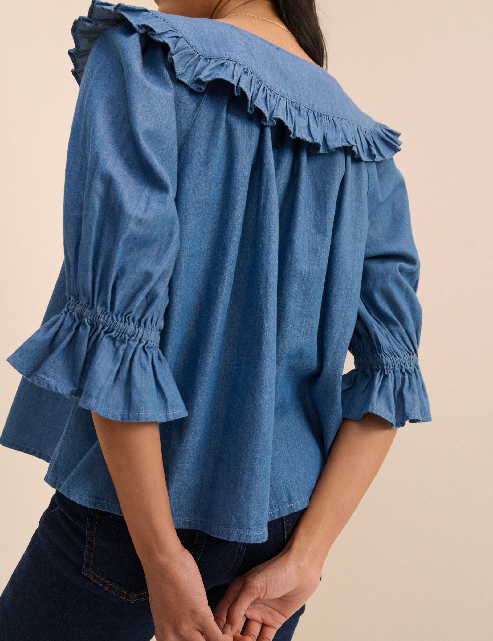 Mid Blue Denim Floral Short Sleeve Blouse