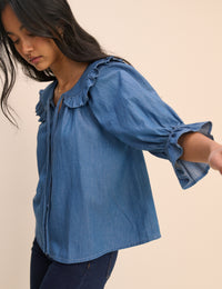 Mid Blue Denim Floral Short Sleeve Blouse