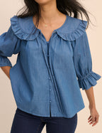 Mid Blue Denim Floral Short Sleeve Blouse