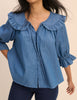 Mid Blue Denim Floral Short Sleeve Blouse