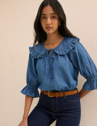 Mid Blue Denim Floral Short Sleeve Blouse