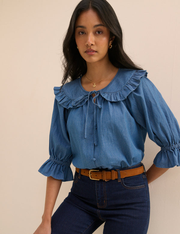 Mid Blue Denim Floral Short Sleeve Blouse