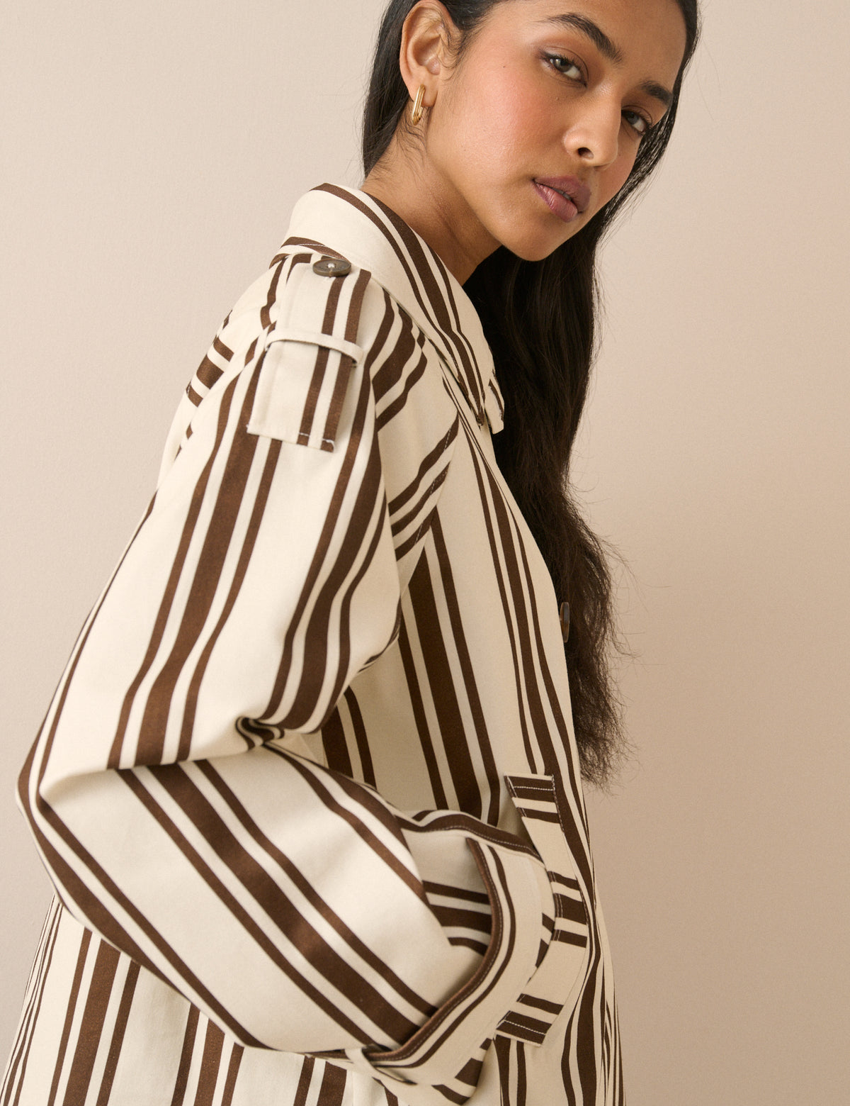 Brown Striped Short Trench Jacket