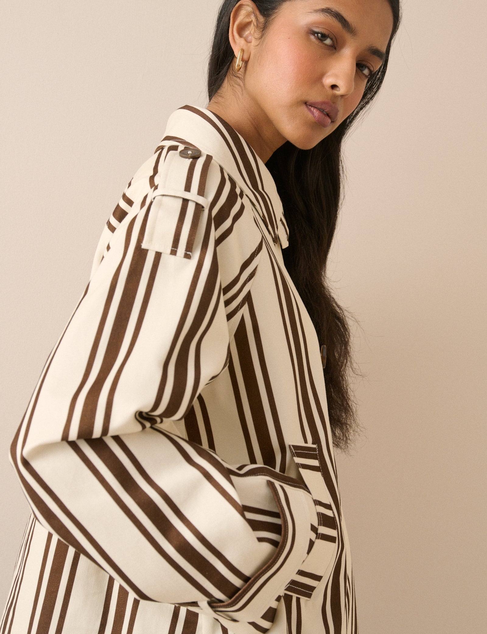 Brown Striped Short Trench Jacket
