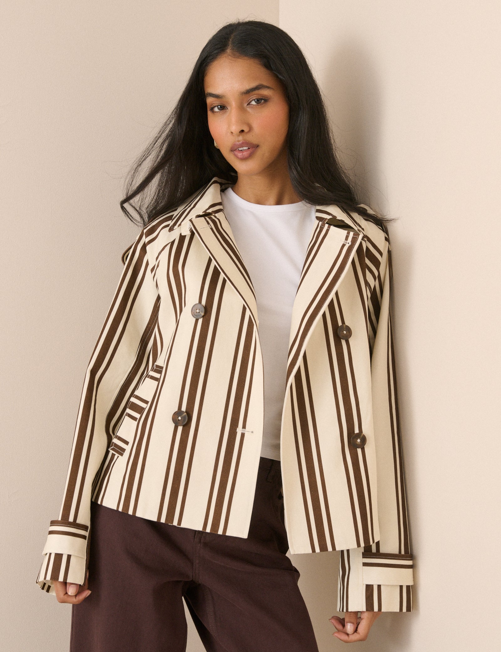 Brown Striped Short Trench Jacket