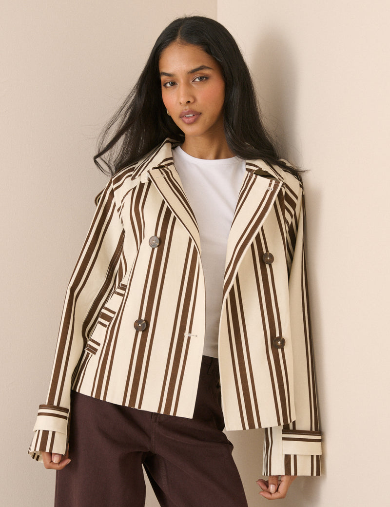 Brown Striped Short Trench Jacket