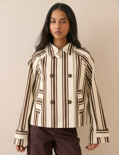 Brown Striped Short Trench Jacket