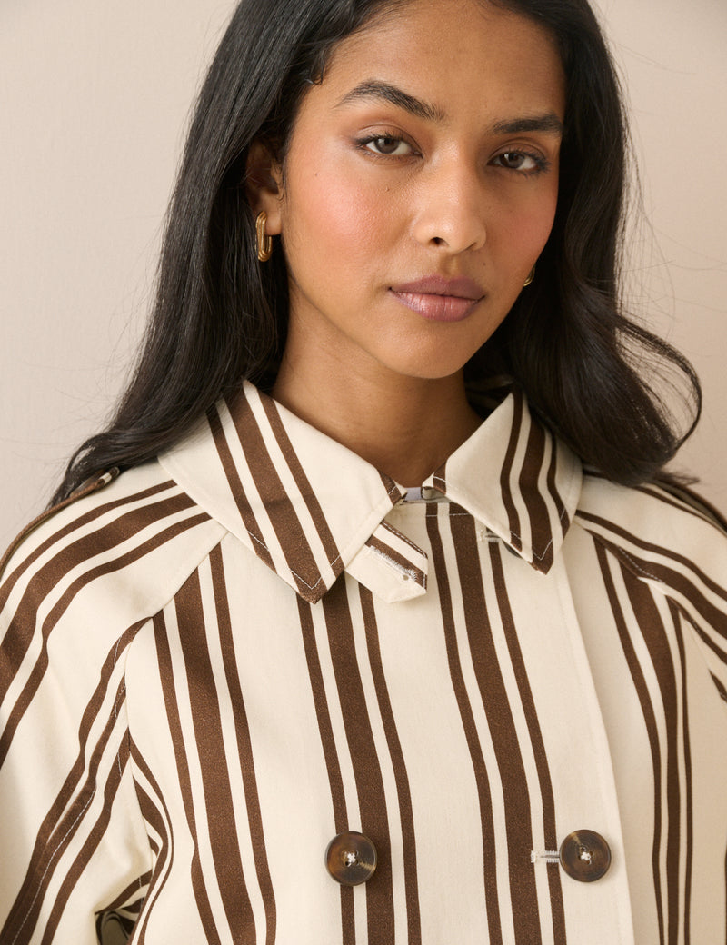 Brown Striped Short Trench Jacket