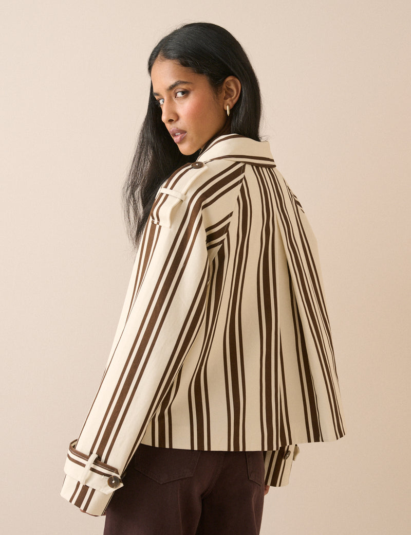 Brown Striped Short Trench Jacket