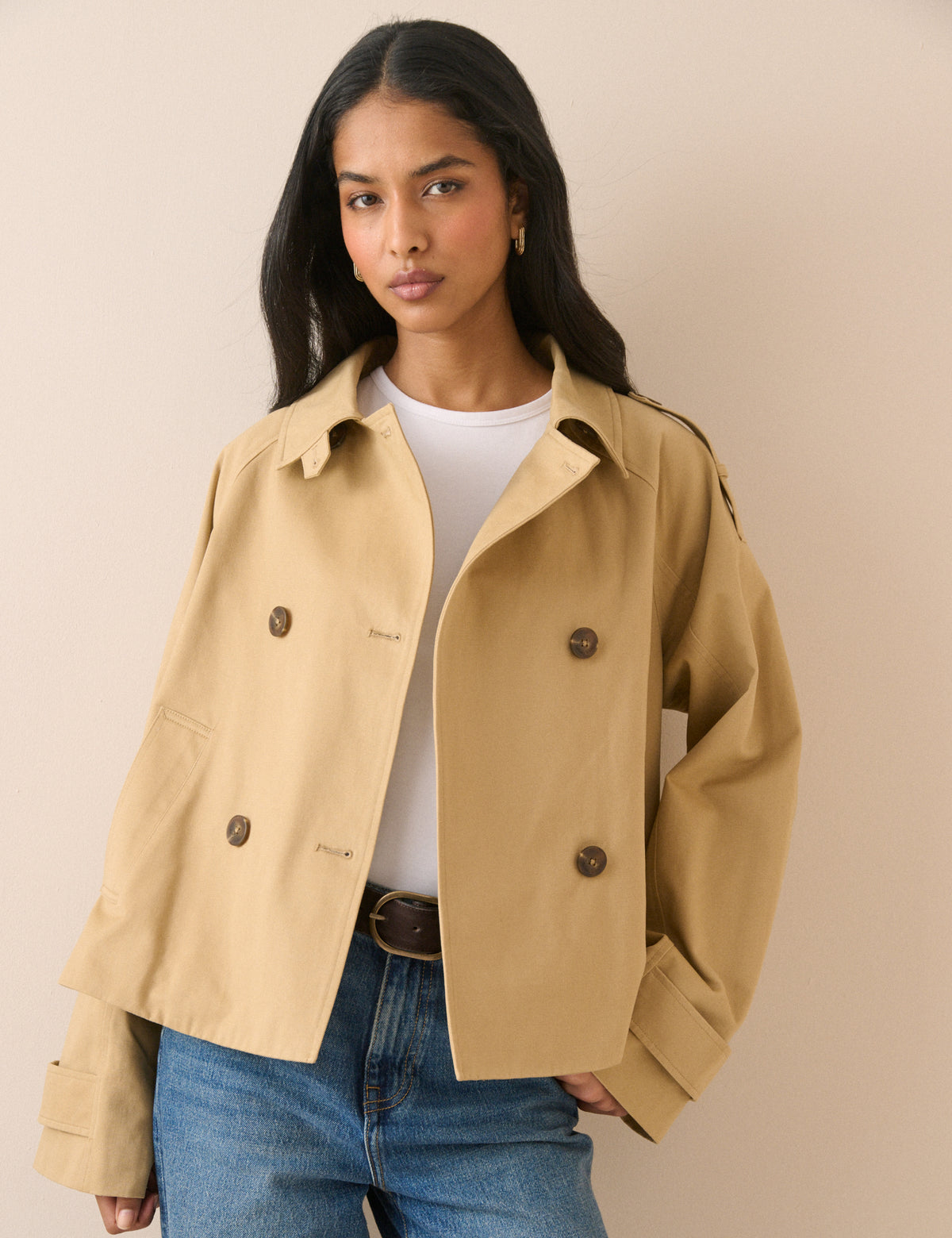 Camel Double Breasted Veloria Trench Jacket