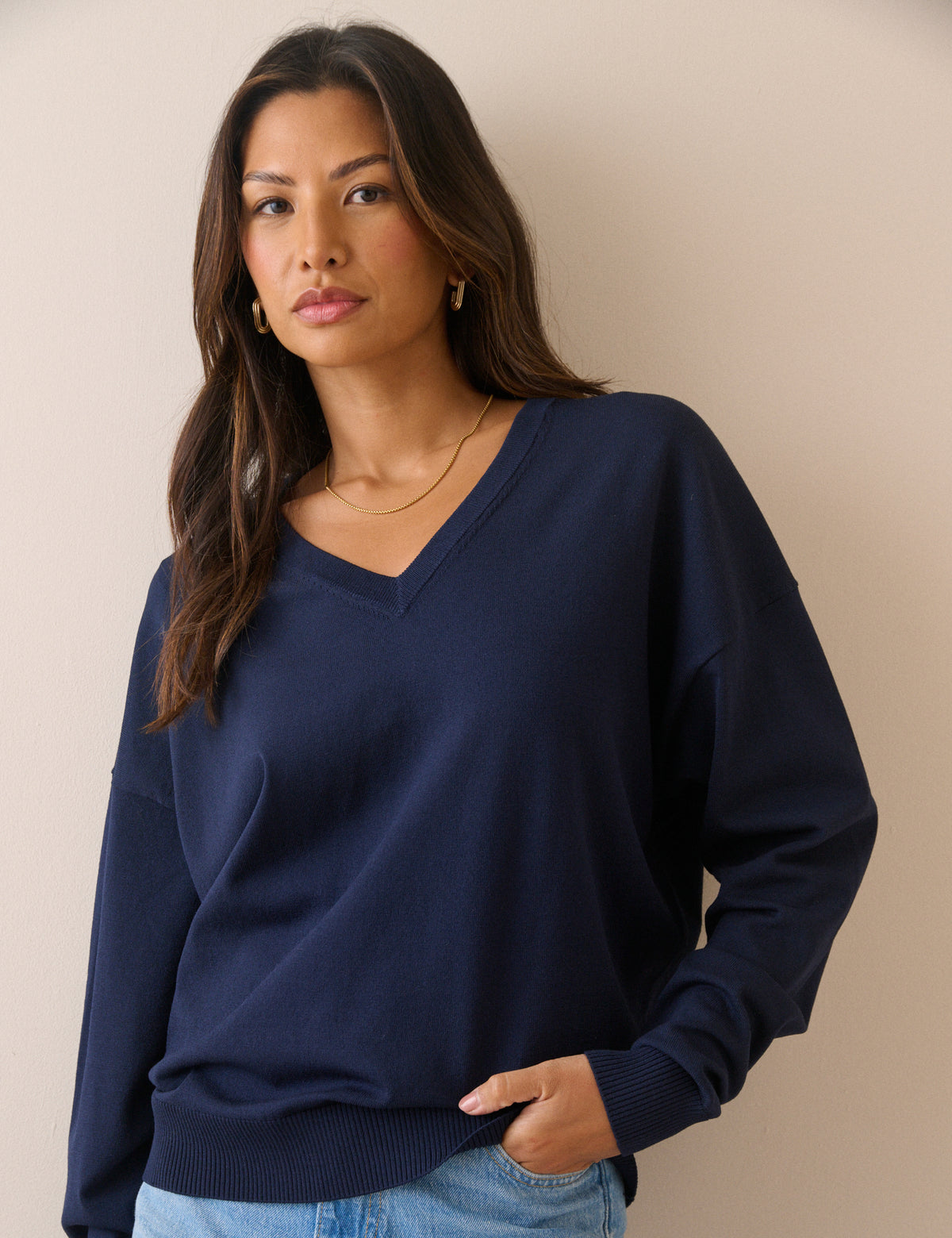 Navy V Neck Ribbed Trim Jumper