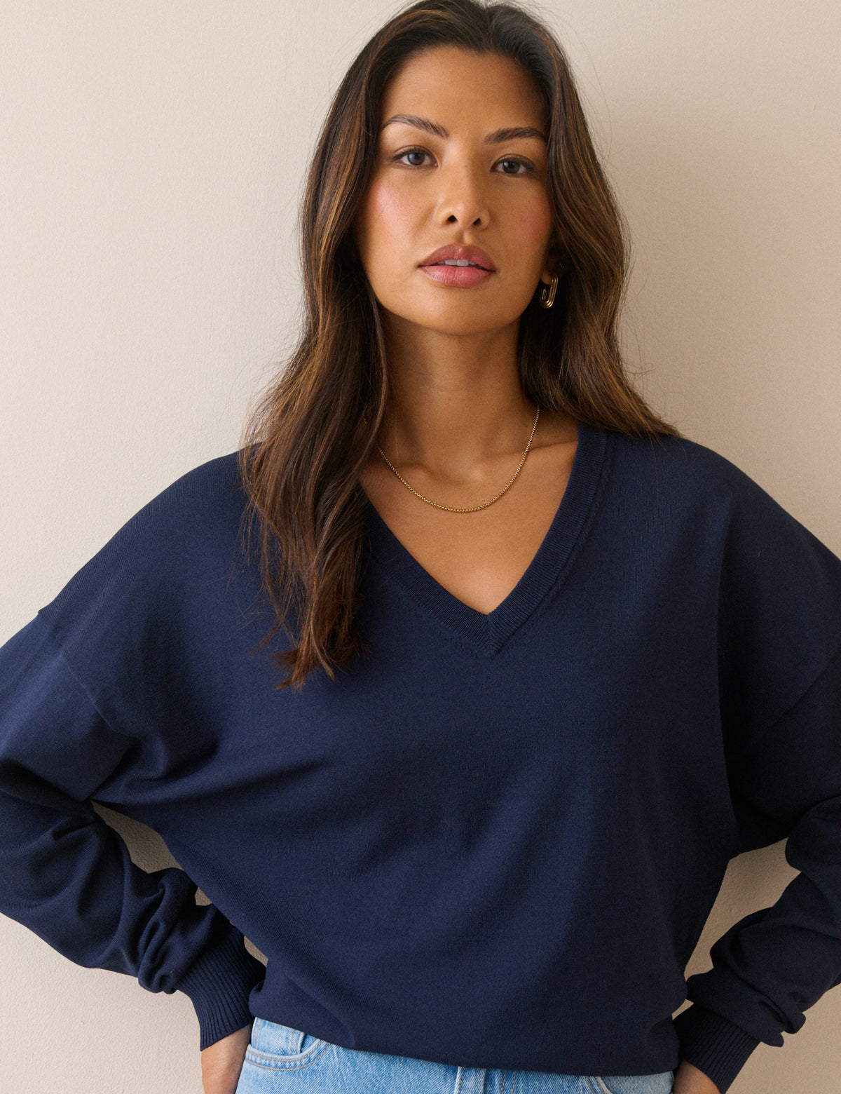 Navy V Neck Ribbed Trim Jumper