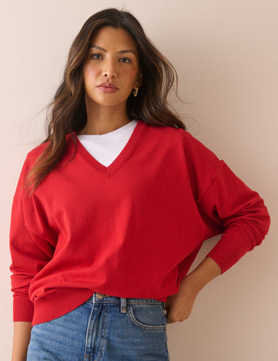 Red Drop Shoulder V-Neck Jumper