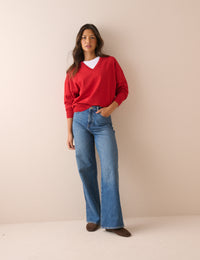 Red Drop Shoulder V-Neck Jumper