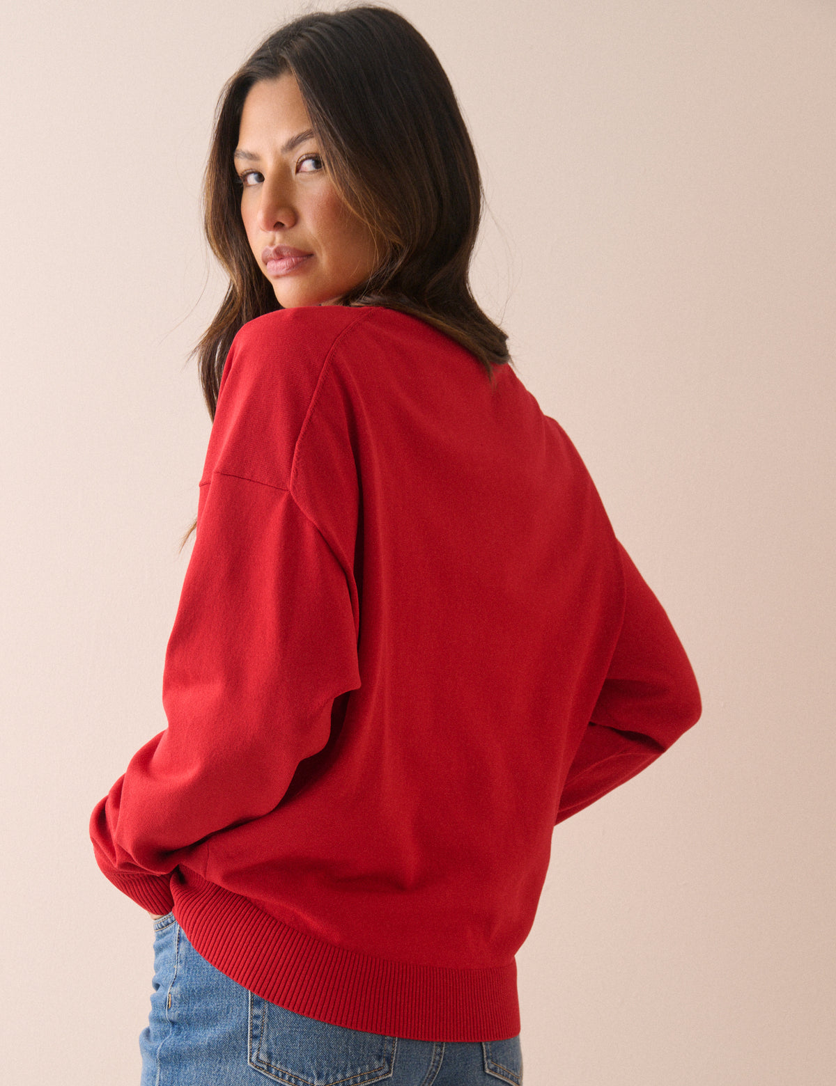 Red Drop Shoulder V-Neck Jumper