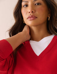 Red Drop Shoulder V-Neck Jumper