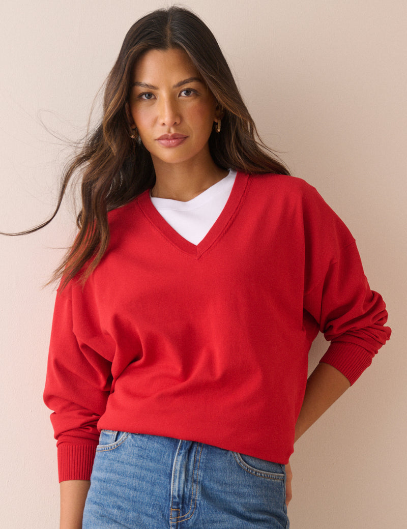 Red Drop Shoulder V-Neck Jumper