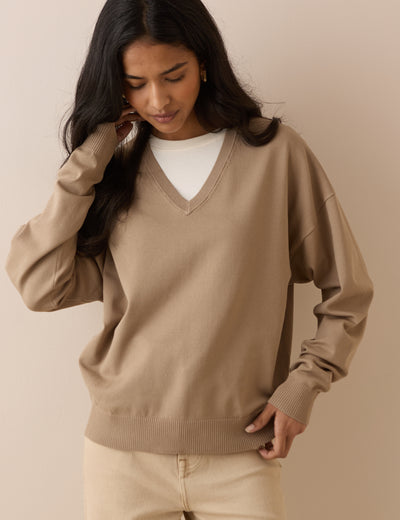 Beige Drop Shoulder V-Neck Jumper