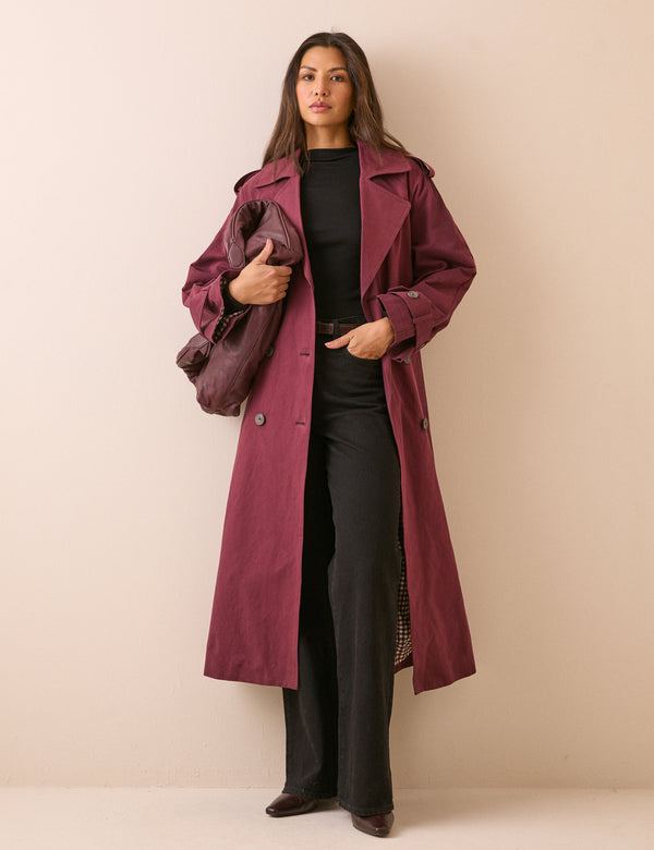Burgundy longline trench coat