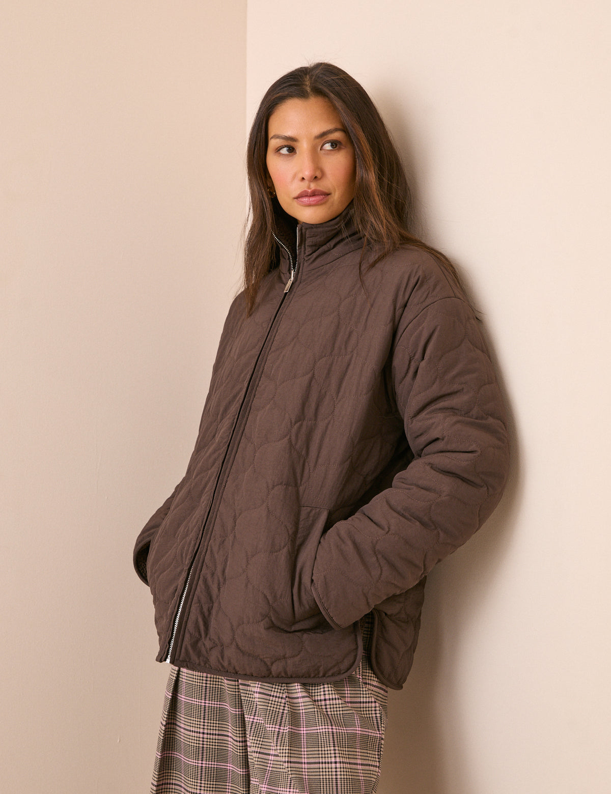 Brown Reversible Funnel Neck Quilted Borg Jacket
