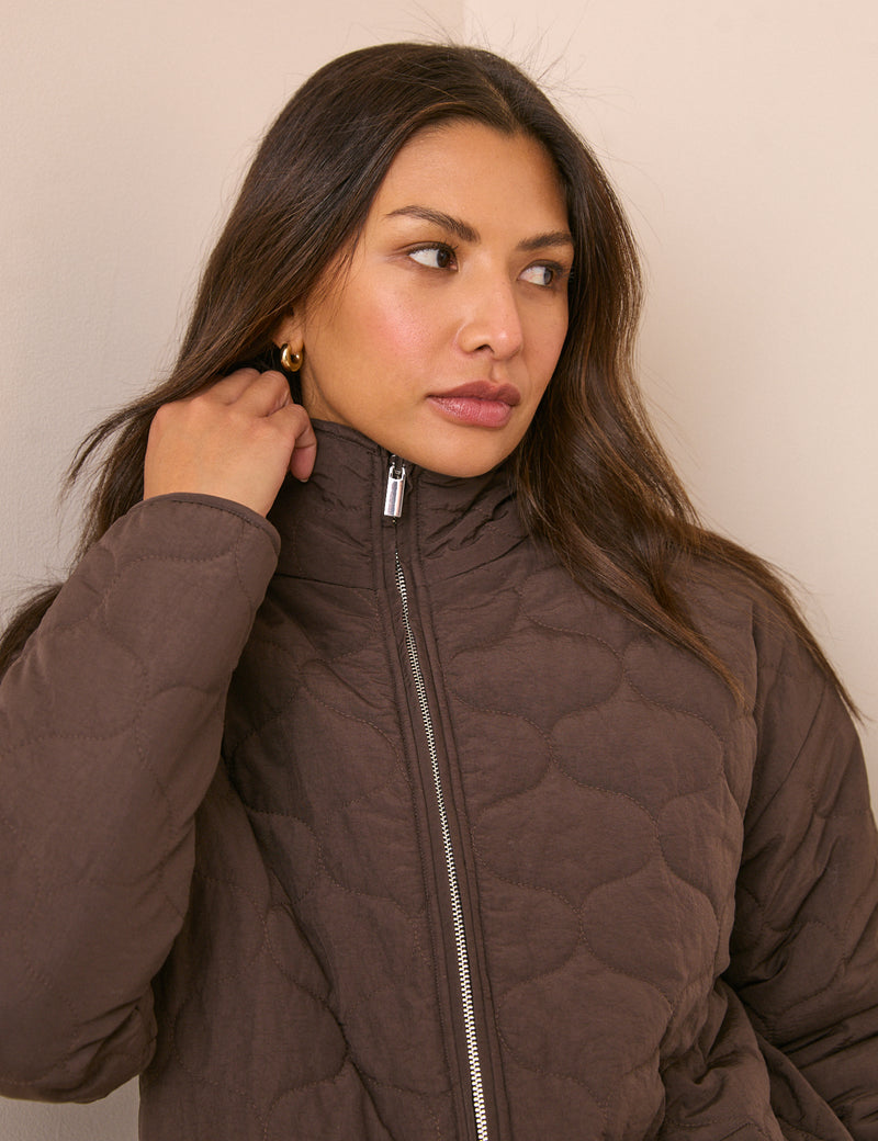 Brown Reversible Funnel Neck Quilted Borg Jacket