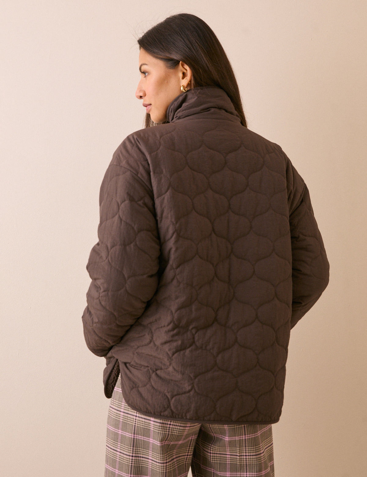 Brown Reversible Funnel Neck Quilted Borg Jacket