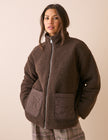 Brown Reversible Funnel Neck Quilted Borg Jacket