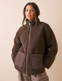 Brown Reversible Funnel Neck Quilted Borg Jacket