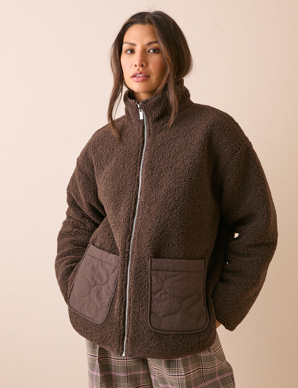 Brown borg funnel neck jacket with patch pockets
