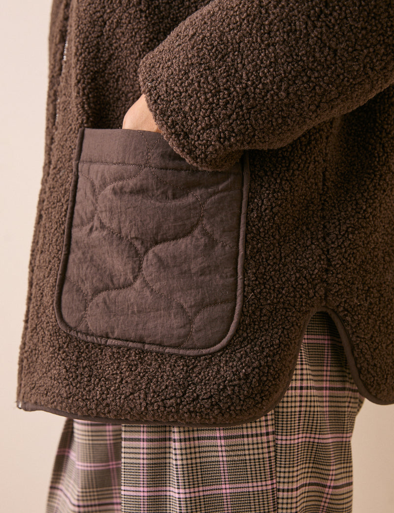 Brown Reversible Funnel Neck Quilted Borg Jacket