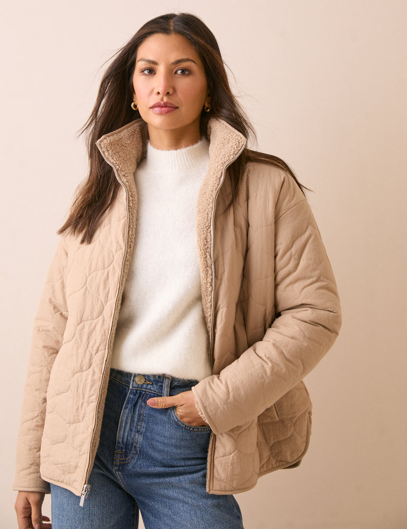 Beige Reversible Funnel Neck Quilted Borg Jacket
