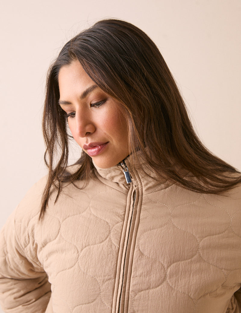 Beige Reversible Funnel Neck Quilted Borg Jacket