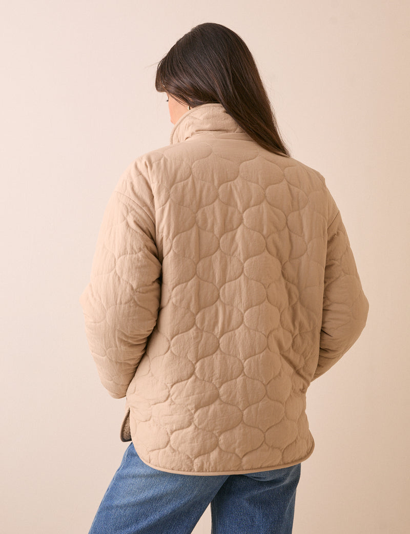 Beige Reversible Funnel Neck Quilted Borg Jacket