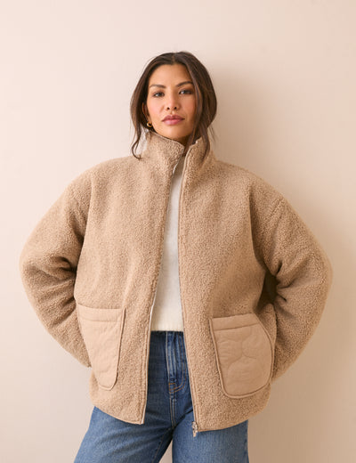 Beige Reversible Funnel Neck Quilted Borg Jacket
