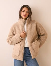Beige Reversible Funnel Neck Quilted Borg Jacket