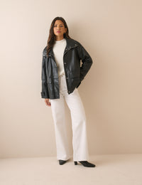 Black Leather Funnel Neck Langham Jacket