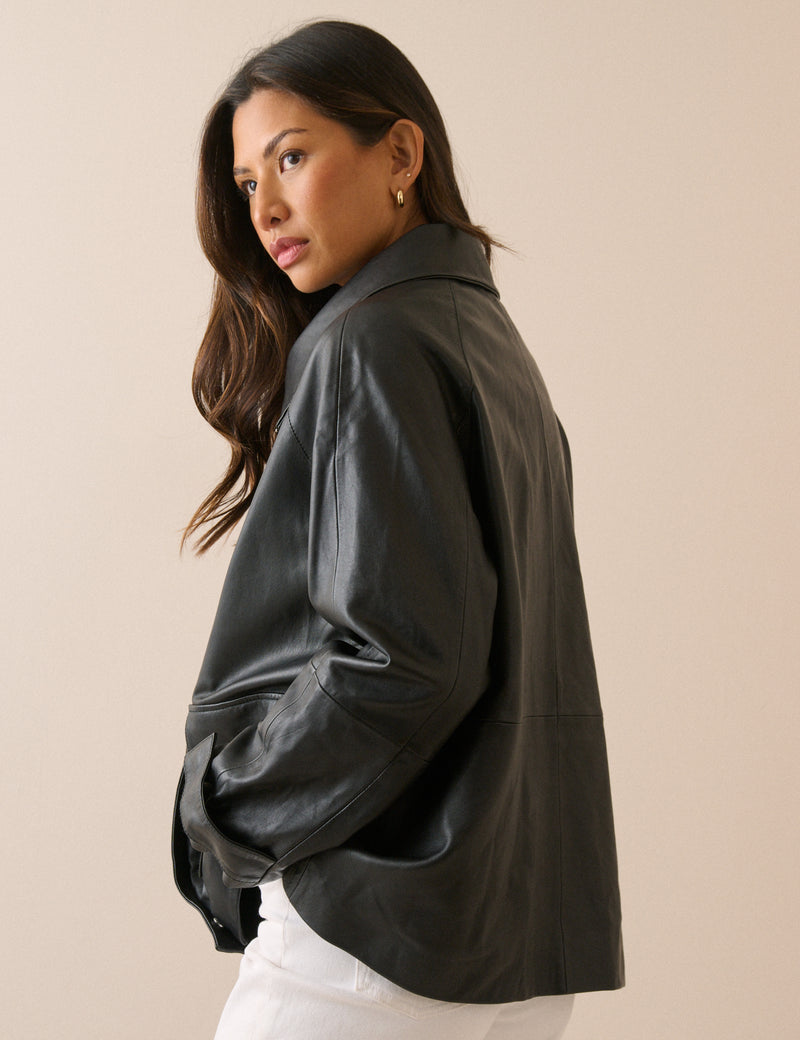 Black Leather Funnel Neck Langham Jacket