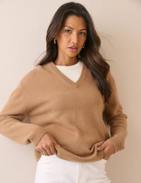 Camel V-Neck Wool Jumper