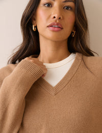 Camel V-Neck Wool Jumper