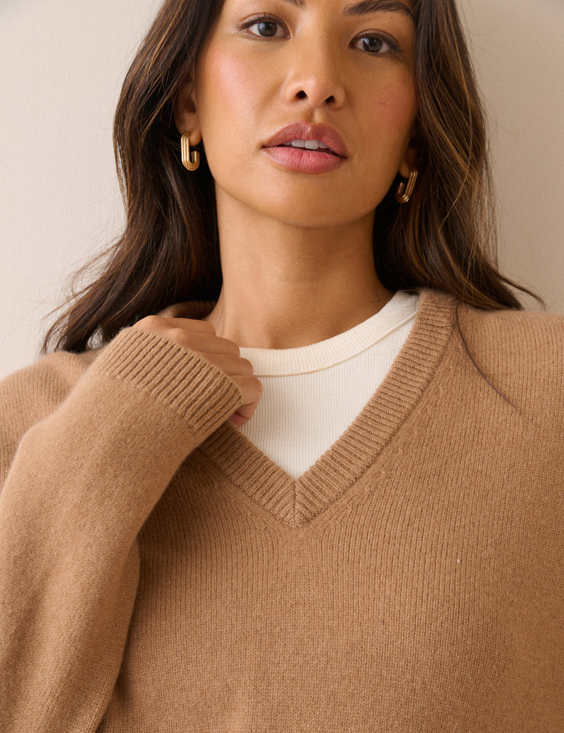 Camel V-Neck Wool Jumper