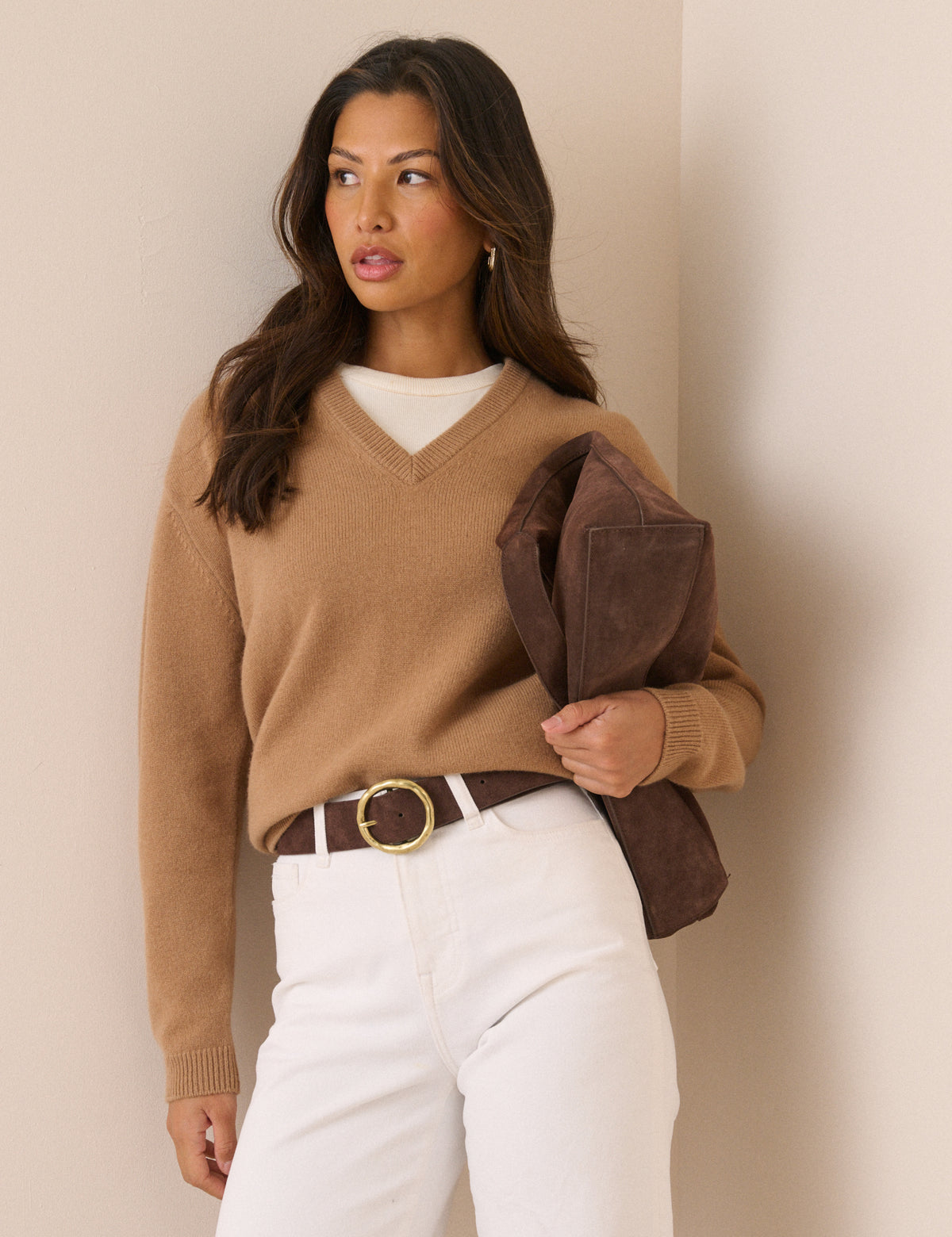 Camel V-Neck Wool Jumper