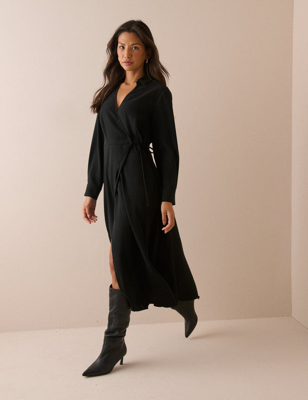 Black Wrapover Winona Midi Dress