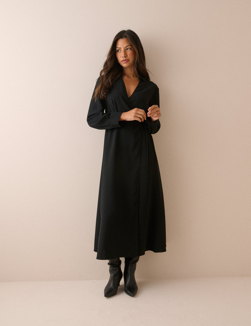 Black Wrapover Winona Midi Dress