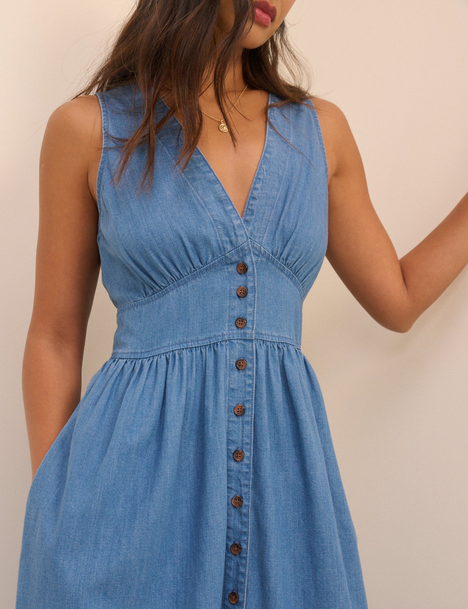 Mid-Wash Blue Denim Sleeveless Starlight Midi Dress